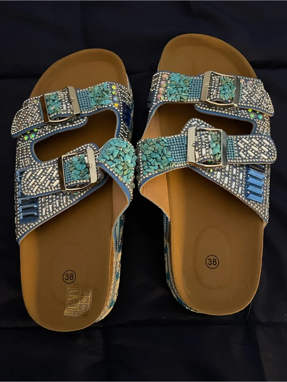 Embellished Turquoise Double-Buckle Slide Sandals